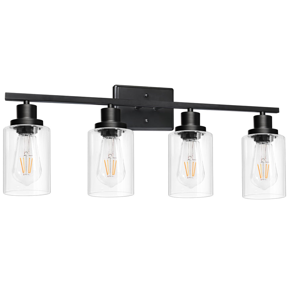 Ascher 4-Light 29.3'' Wall Sconces, Modern Vanity Light Fixture With Clear Glass Shade, Black Finish Wall Light For Mirror Bedro