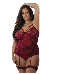 2Pc Floral Lace Strappy Garter Teddy French Cognac Q/S