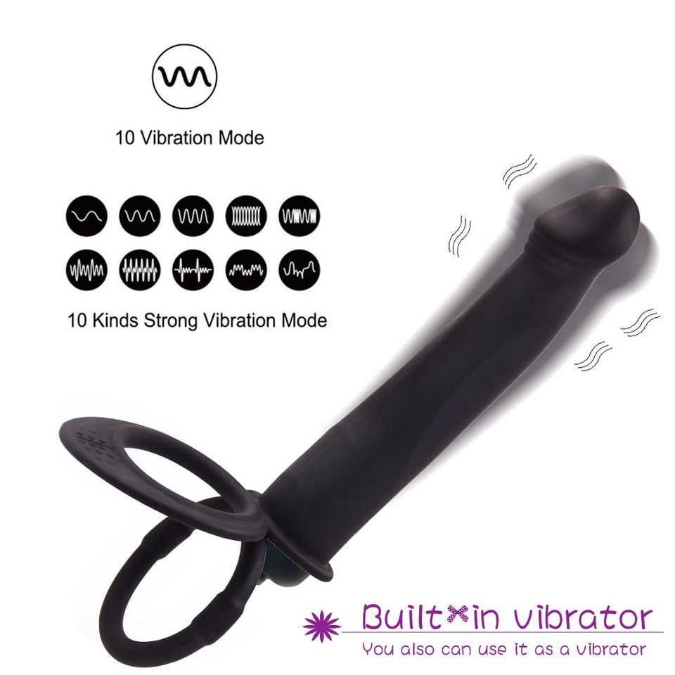 Silicone Strap On Penis Butt Plug, Double Penetration Dildo Vibrator with Cock Ring, Delay Ejaculation Anus Plug Massager Adult