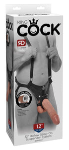 King Cock 12 In Hollow Strap On Suspender System Light/ Black