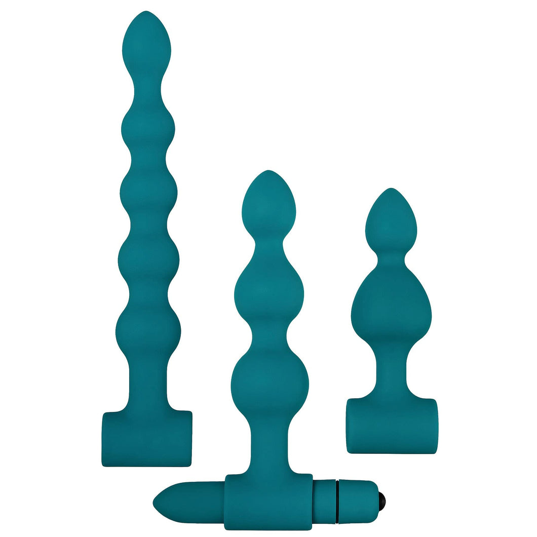 Adam  Eve Vibrating Bumby Anal Bead Set  Teal  Set of 3 Silicone Butt Plugs with a 7Function Bullet Vibrator  Waterproof Anal 