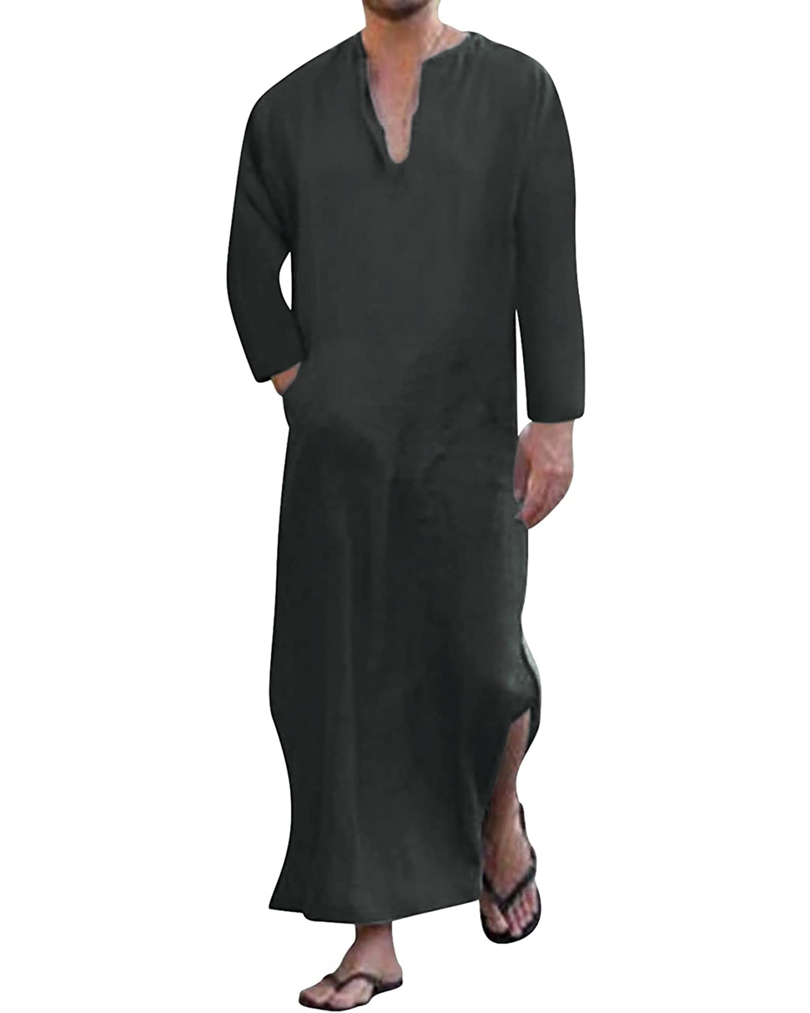 YAOHUOLE Long Sleeve Casual Kaftan Robe Long Gown Thobe Side Split Kafan Dark Gray M