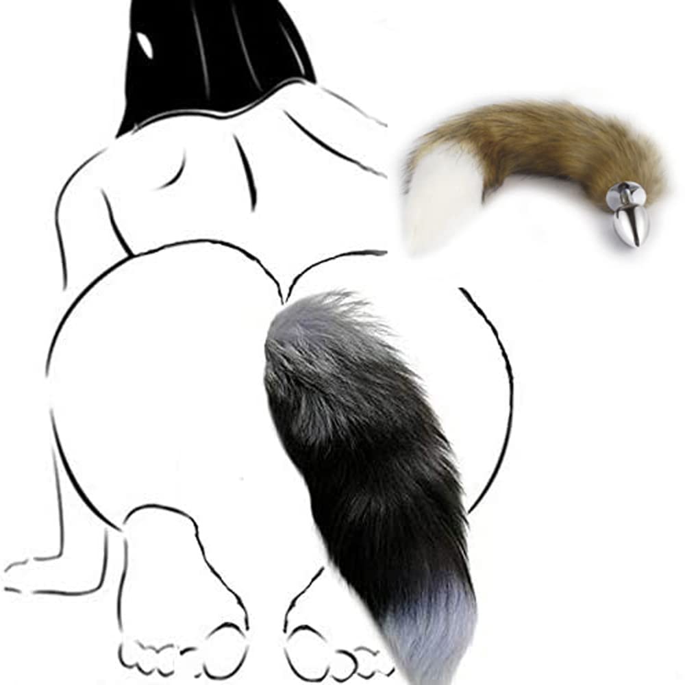 OOIIXX Anal Plug with Sexy Tail for Cosplay, Adult Sex Toys of Stainless Steel Anal Plug (Brown-White Kit, Large)