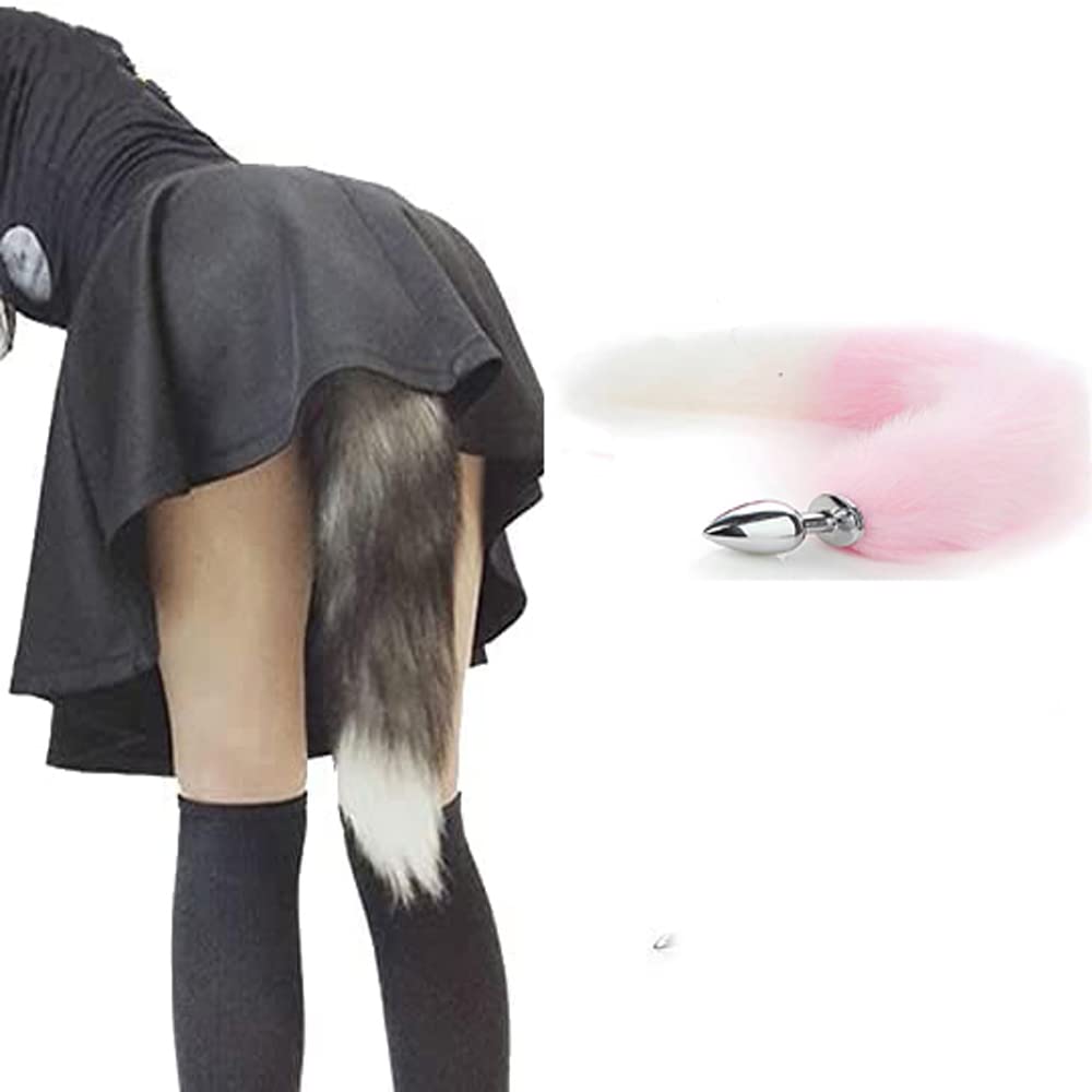 OOIIXX Anal Plug with Sexy Tail for Cosplay, Adult Sex Toys of Stainless Steel Anal Plug (White-Pink Kit, Large)