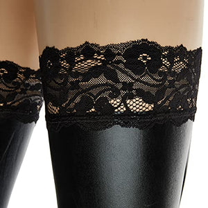 Coquette Women'S Wet Look Thigh High Stay Up Stockings With Lace, Black, One Size