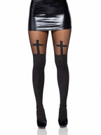 Spandex Opaque Cross Pantyhose With Sheer Thigh Accent O/S Black
