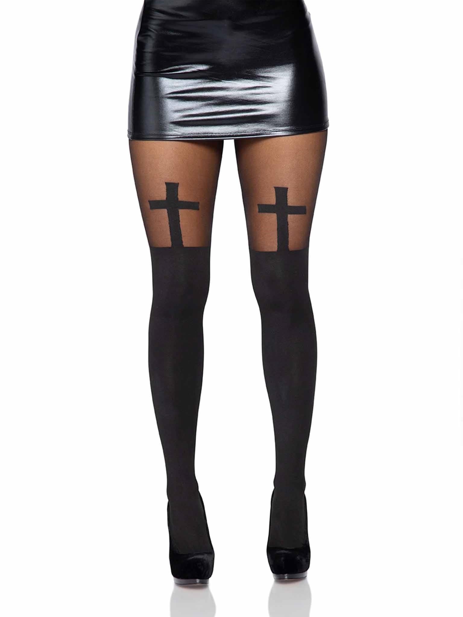 Spandex Opaque Cross Pantyhose With Sheer Thigh Accent O/S Black