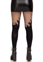 Opaque flame tights with fishnet top.