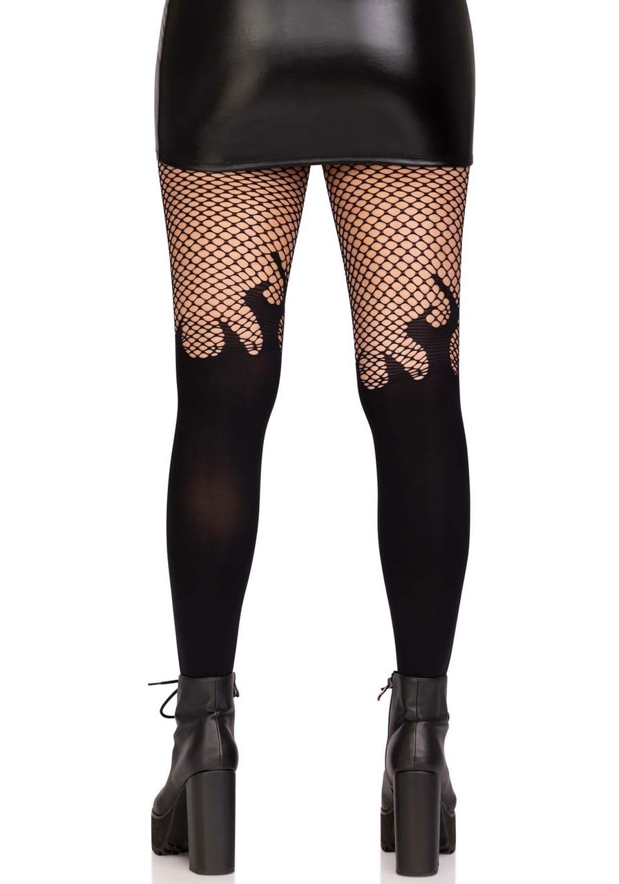 Opaque flame tights with fishnet top.