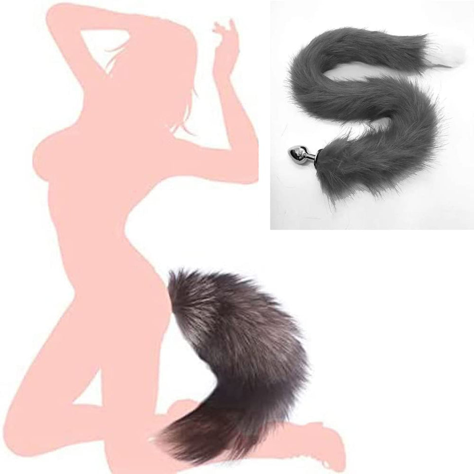Ooiixx Butt Plug Fox Tail Cosplay Anal Plug Anal Butt Plug Adult Sex Toys for Beginner Women Men Couple (31 '' Gray-White)