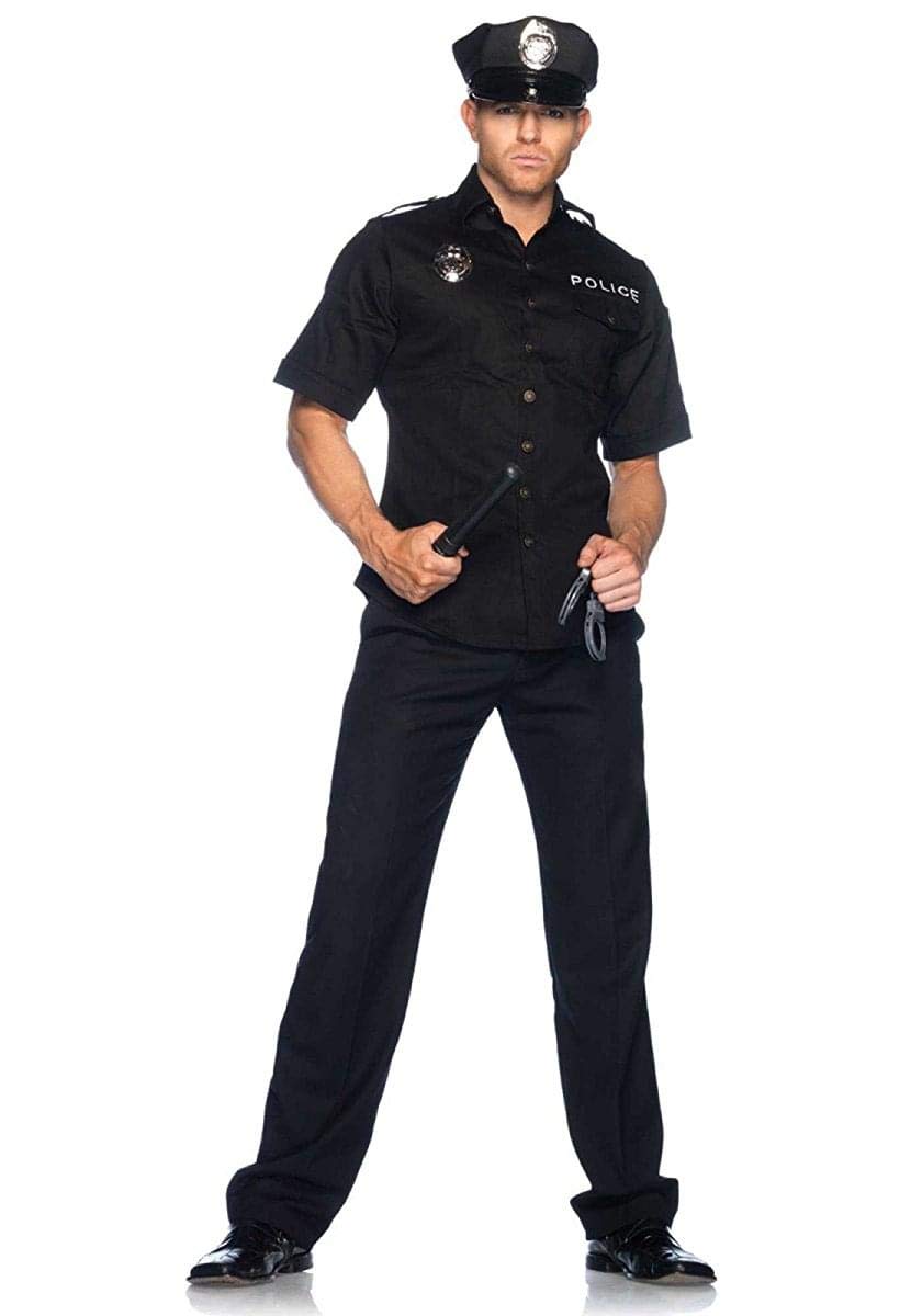 Men'S 4 Pc Cuff Em' Cop Costume, Includes Button Front Shirt, Hat, Baton, And Toy Handcuffs