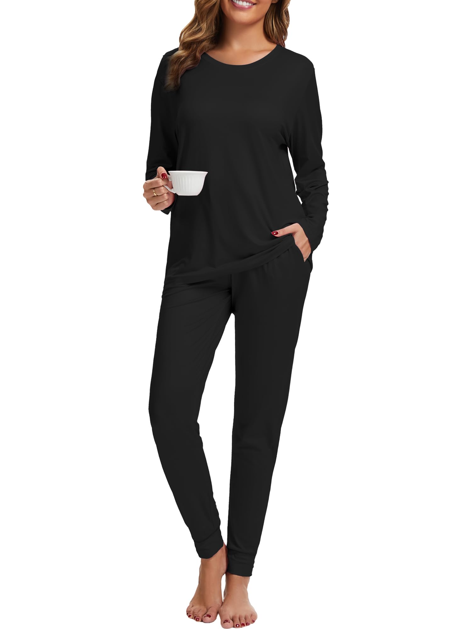 YGDHST Womens Pajama Sets Cozy Two Piece Loungewear Set Lounge Sets Plus Size Long Sleeve Fall Pajamas Women With Pockets S