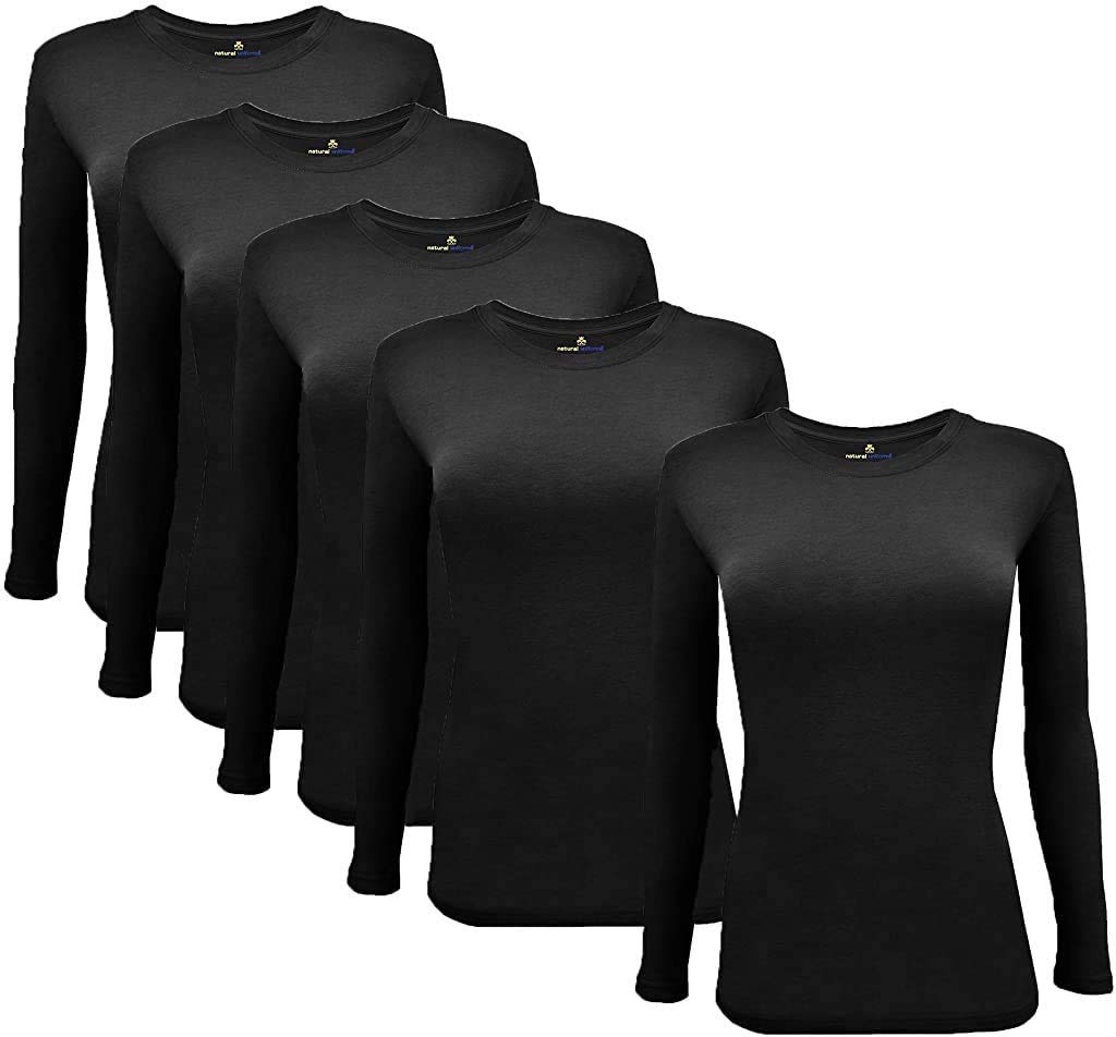 Natural Uniforms Womens Under Scrub Tee Crew Neck Long Sleeve T-Shirt-5-Pack (Small, 5 Pack- Black)