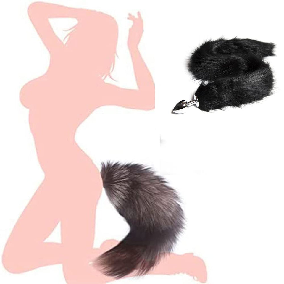 OOIIXX Anal Plug with Sexy Tail for Cosplay, Adult Sex Toys of Stainless Steel Anal Plug (Long Black, Small)