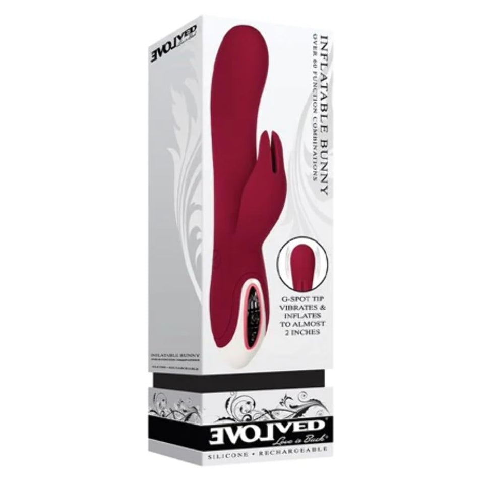 Evolved Love Is Back - Inflatable Rechargeable Silicone Bunny - Over 60 Function Combinations - G-Spot Tip Vibraties & Inflates To Almost 2 Inches - Burgundy