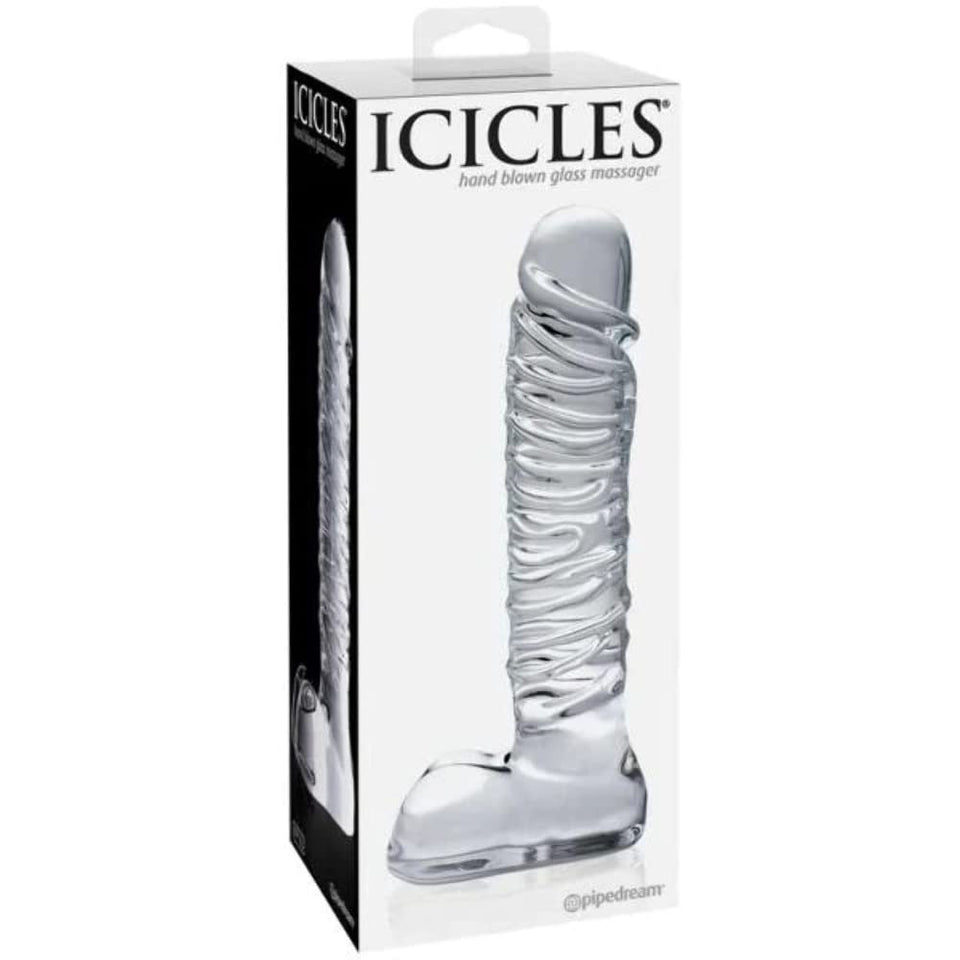 Icicles No. 63 Textured Glass with Balls Clear Dildo, 8.5 Inch