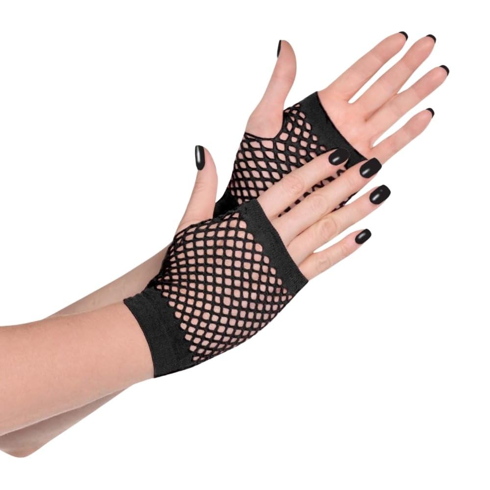 80s Punk Black Fingerless Fishnet Short Gloves - One Size, 2-Piece Set - Ideal for Christmas, Halloween, & Theme Parties