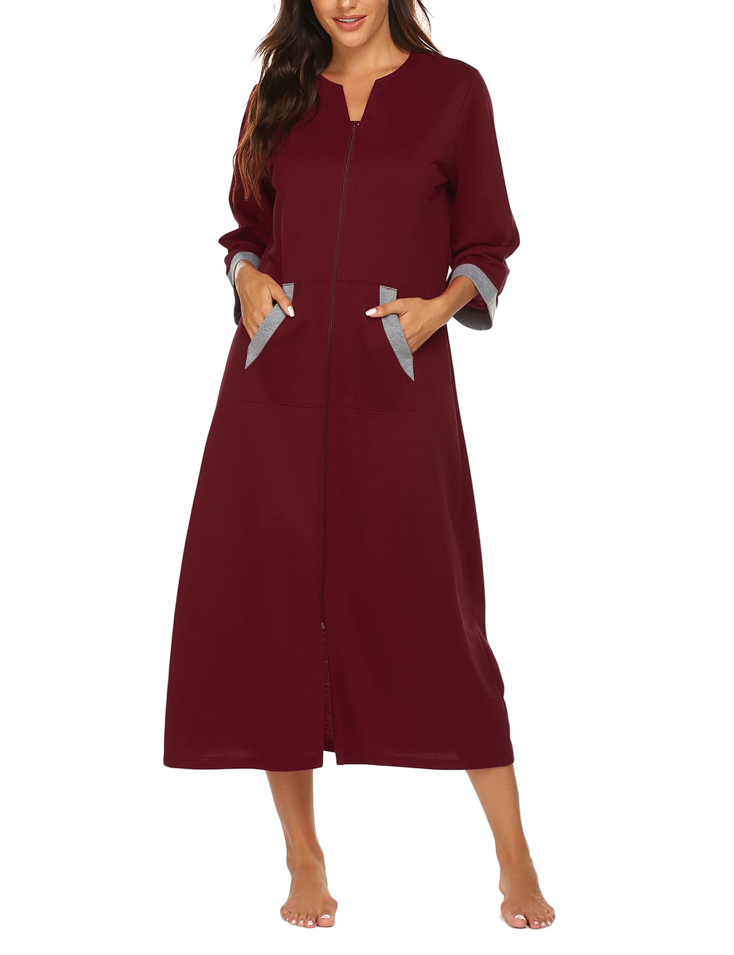 Ekouaer Women Zipper Robe 3/4 Sleeves Loungewear Dress Full Length Sleepwear Pockets Housecoat Nightgown Long Bathrobe