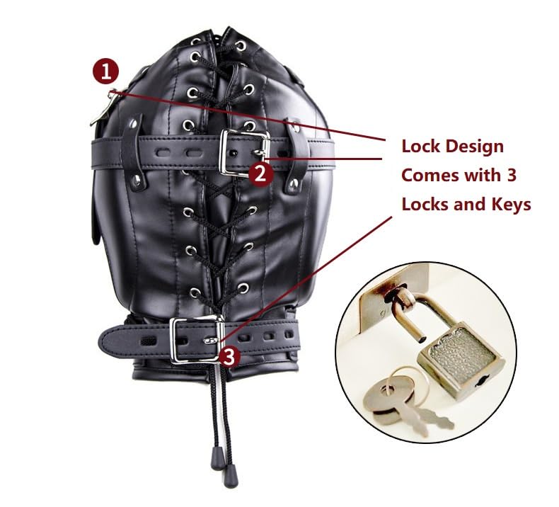 Full Face Mask Head Hood Faux Leather Open Mouth Bondage Restraints Face Mask with Lid, Fetish BDSM SM Game Blindfold, Full Head