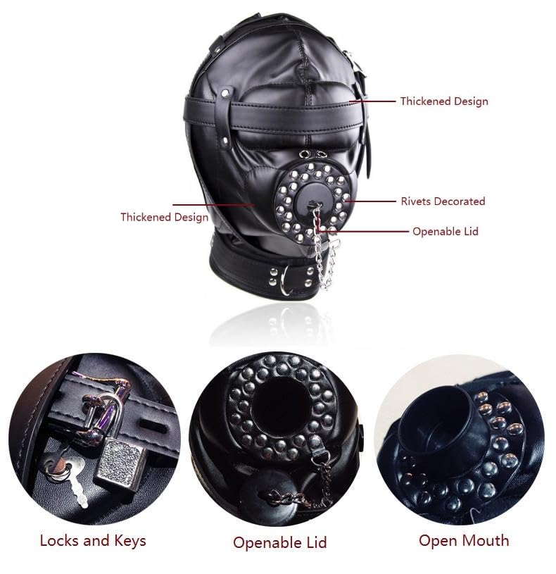 Full Face Mask Head Hood Faux Leather Open Mouth Bondage Restraints Face Mask with Lid, Fetish BDSM SM Game Blindfold, Full Head