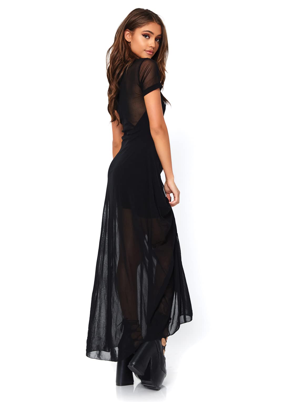 Leg Avenue Sheer mesh high slit long dres Black Color