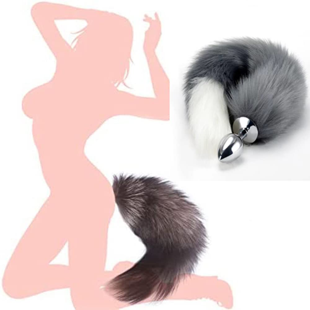 OOIIXX Anal Plug with Sexy Tail for Cosplay, Adult Sex Toys of Stainless Steel Anal Plug (Gray-White Kit, Large)
