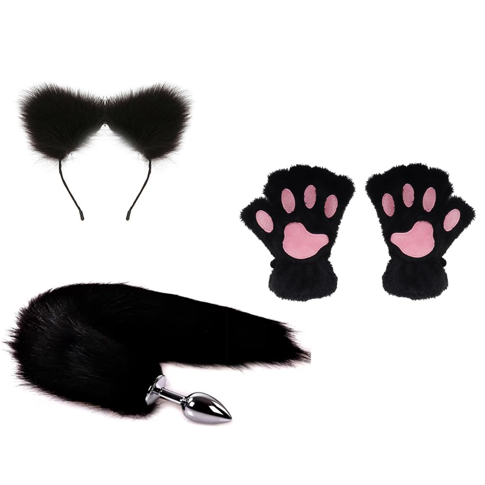 OOIIXX Anal Plug with Sexy Tail for Cosplay, Adult Sex Toys of Stainless Steel Anal Plug (Black Full Kit, Medium)