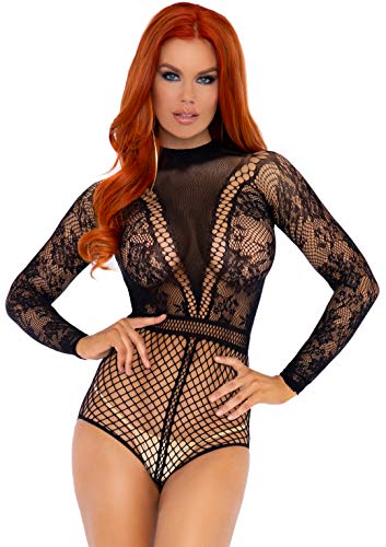 Leg Avenue Womens Lace and Fishnet Bodysuit  Black  One Size