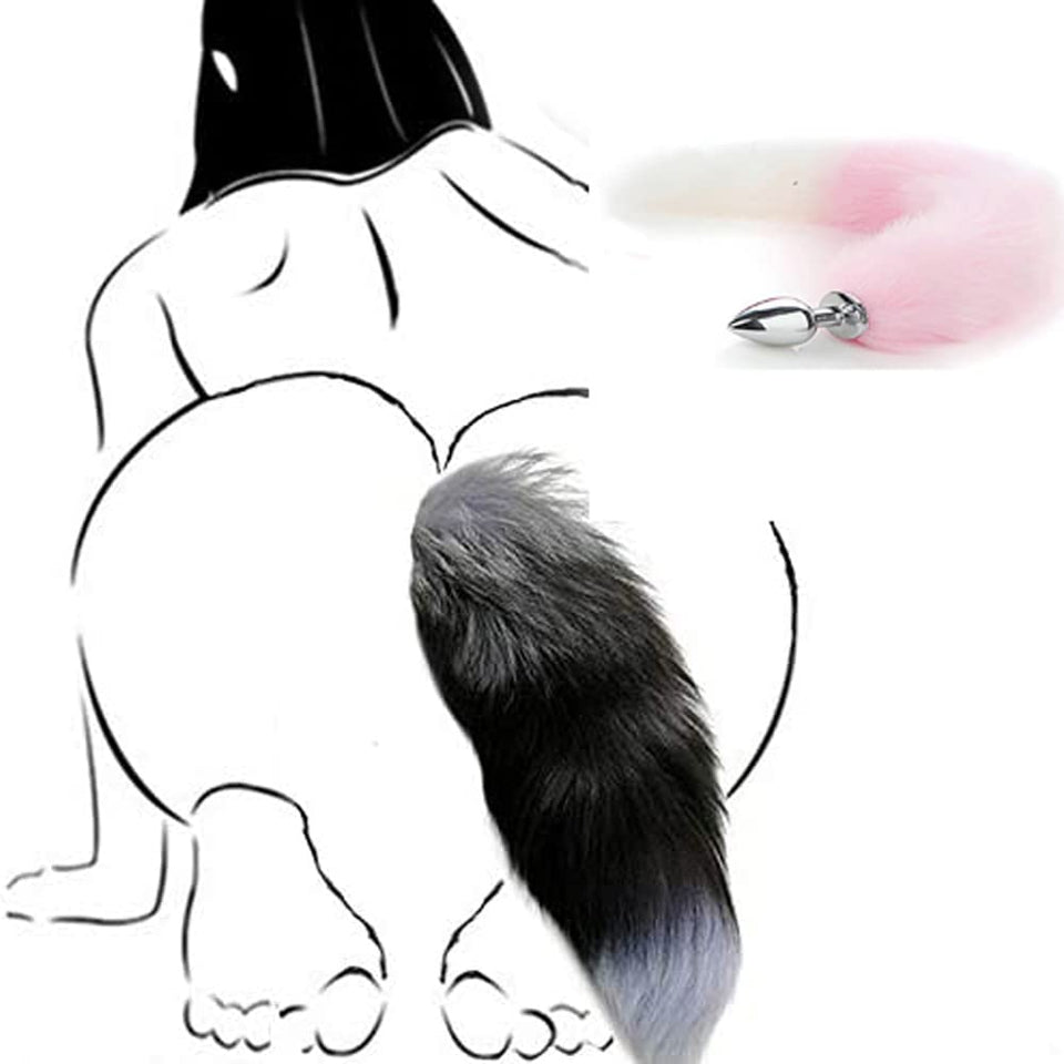 OOIIXX Anal Plug with Sexy Tail for Cosplay, Adult Sex Toys of Stainless Steel Anal Plug (White-Pink Kit, Small)