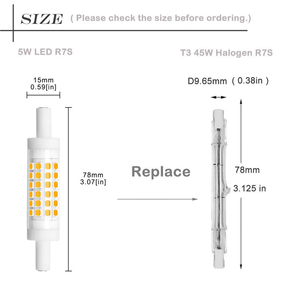 Bonlux Dimmable R7S Led Bulb 78Mm (3'') - 5W T3 Double Ended J Type J78 Led Flood Light Daylight 6000K, 45W Halogen Replacement