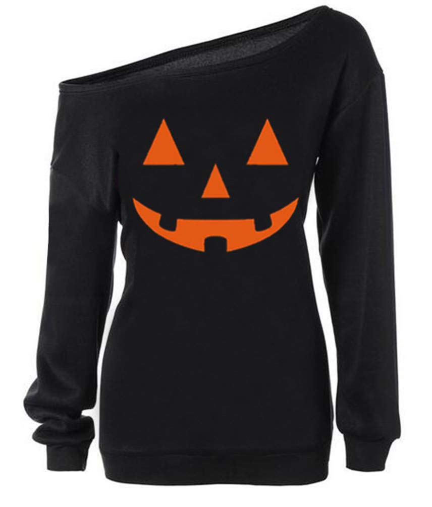 RJXDLT Women Halloween Sweatshirts Off Shoulder Pumpkin Print Long Sleeve Pullover Tops 97 Black L
