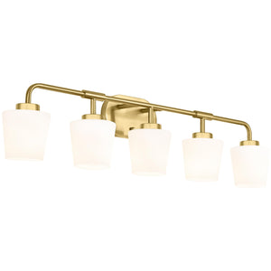 Audickic Bathroom Light Fixtures Over Mirror, 5-Light Brushed Gold Vanity Lighting Fixtures With Milk White Glass, 38Inch Farmho