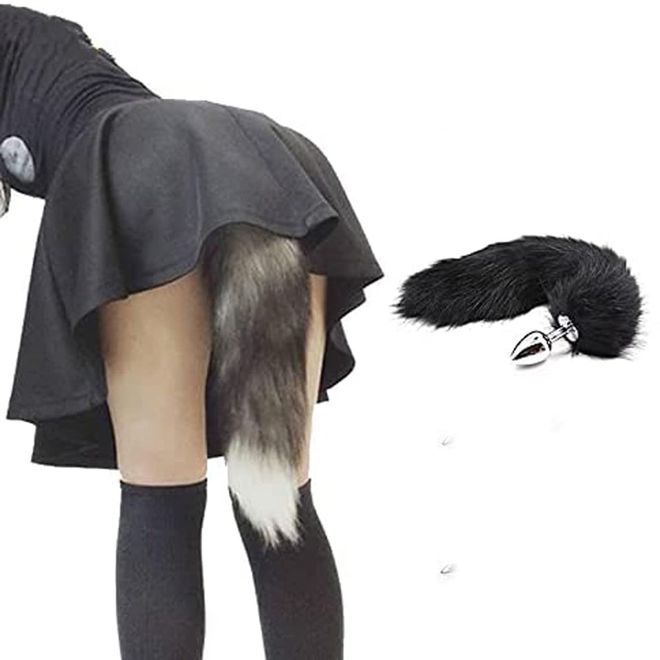 OOIIXX Anal Plug with Sexy Tail for Cosplay, Adult Sex Toys of Stainless Steel Anal Plug (Black Full Kit, Small)