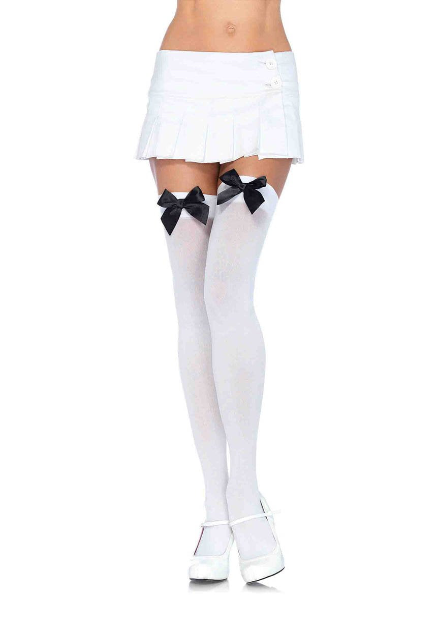 Nylon Over The Knee W/Bow O/S White/Black