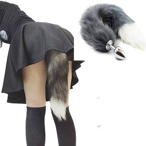 OOIIXX Anal Plug with Sexy Tail for Cosplay, Adult Sex Toys of Stainless Steel Anal Plug (Gray-White Full Kit, Medium)