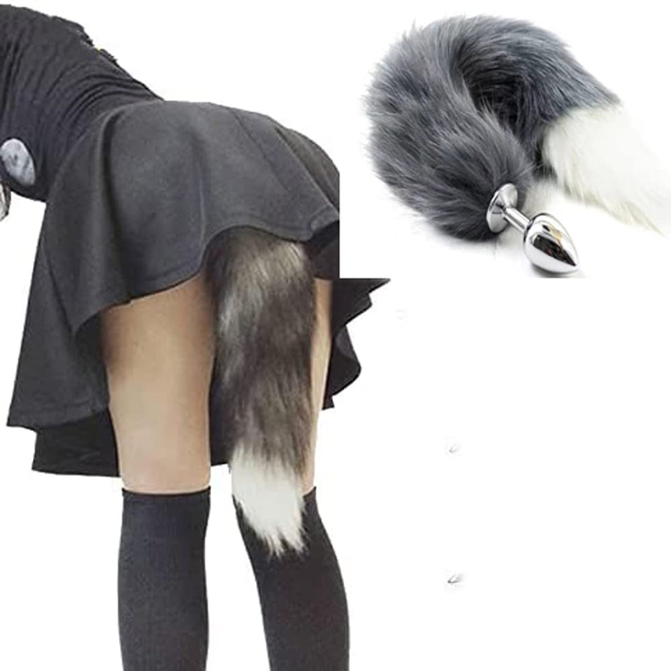 OOIIXX Anal Plug with Sexy Tail for Cosplay, Adult Sex Toys of Stainless Steel Anal Plug (Gray-White Full Kit, Medium)