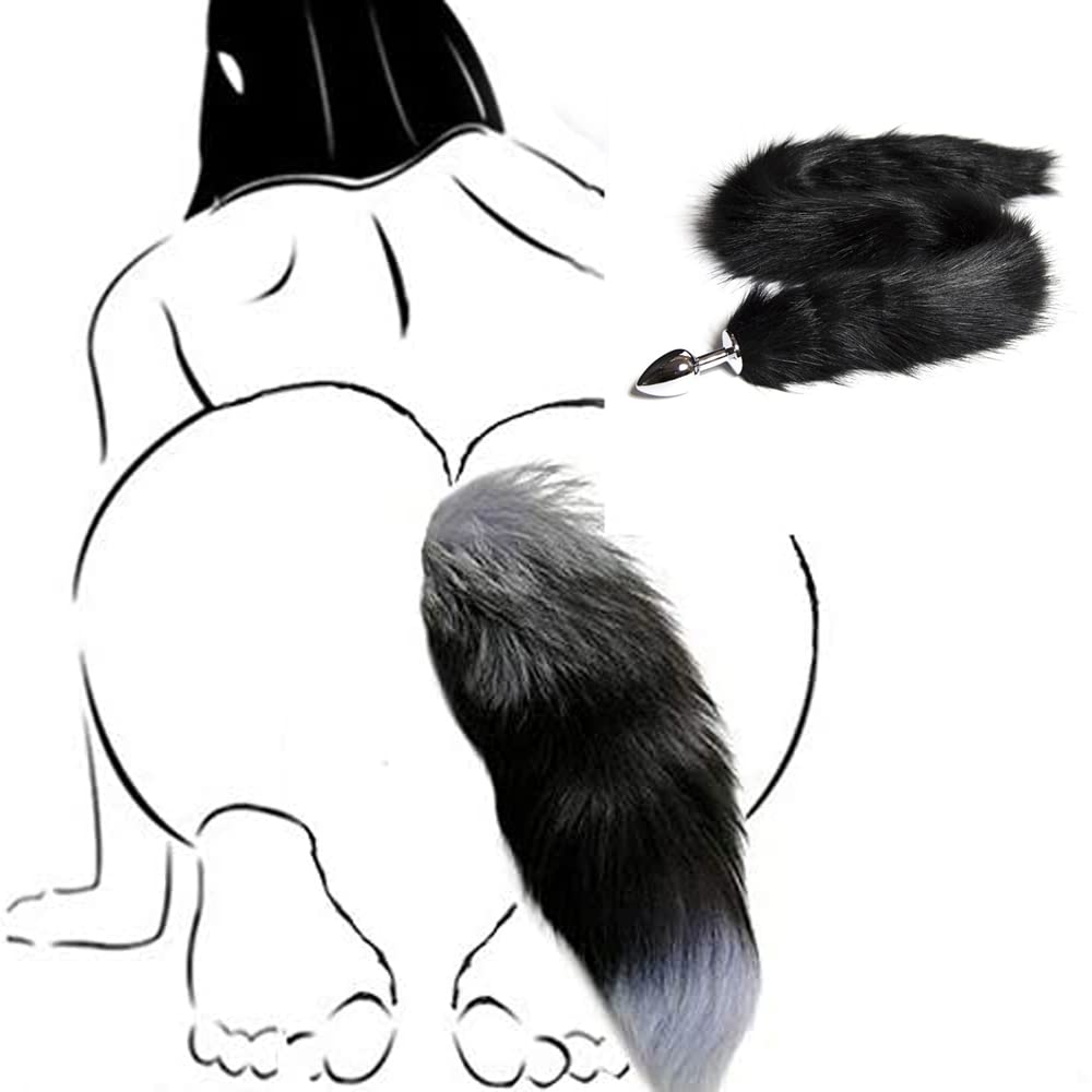 OOIIXX Anal Plug with Sexy Tail for Cosplay, Adult Sex Toys of Stainless Steel Anal Plug (Long Black, Large)