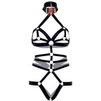 Satin Elastic O-Ring Crotchless Teddy With Adjustable Straps And Rose Gold Lock And Key Choker.