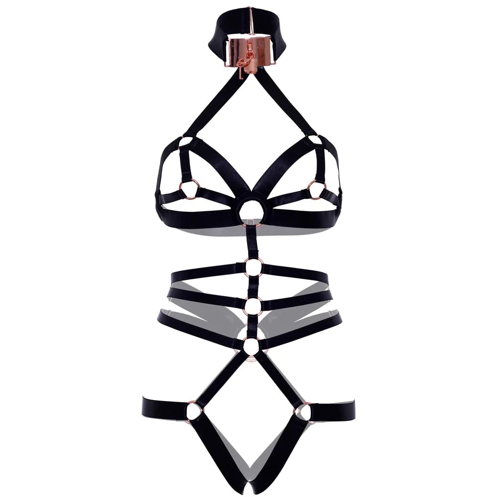 Satin Elastic O-Ring Crotchless Teddy With Adjustable Straps And Rose Gold Lock And Key Choker.
