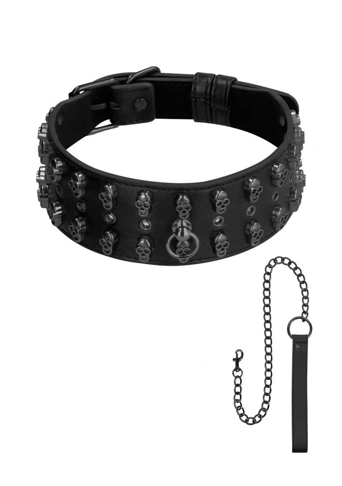 (Wd) Ouch! Skulls & Bones Neck Chain W/ Skulls And Leash Black