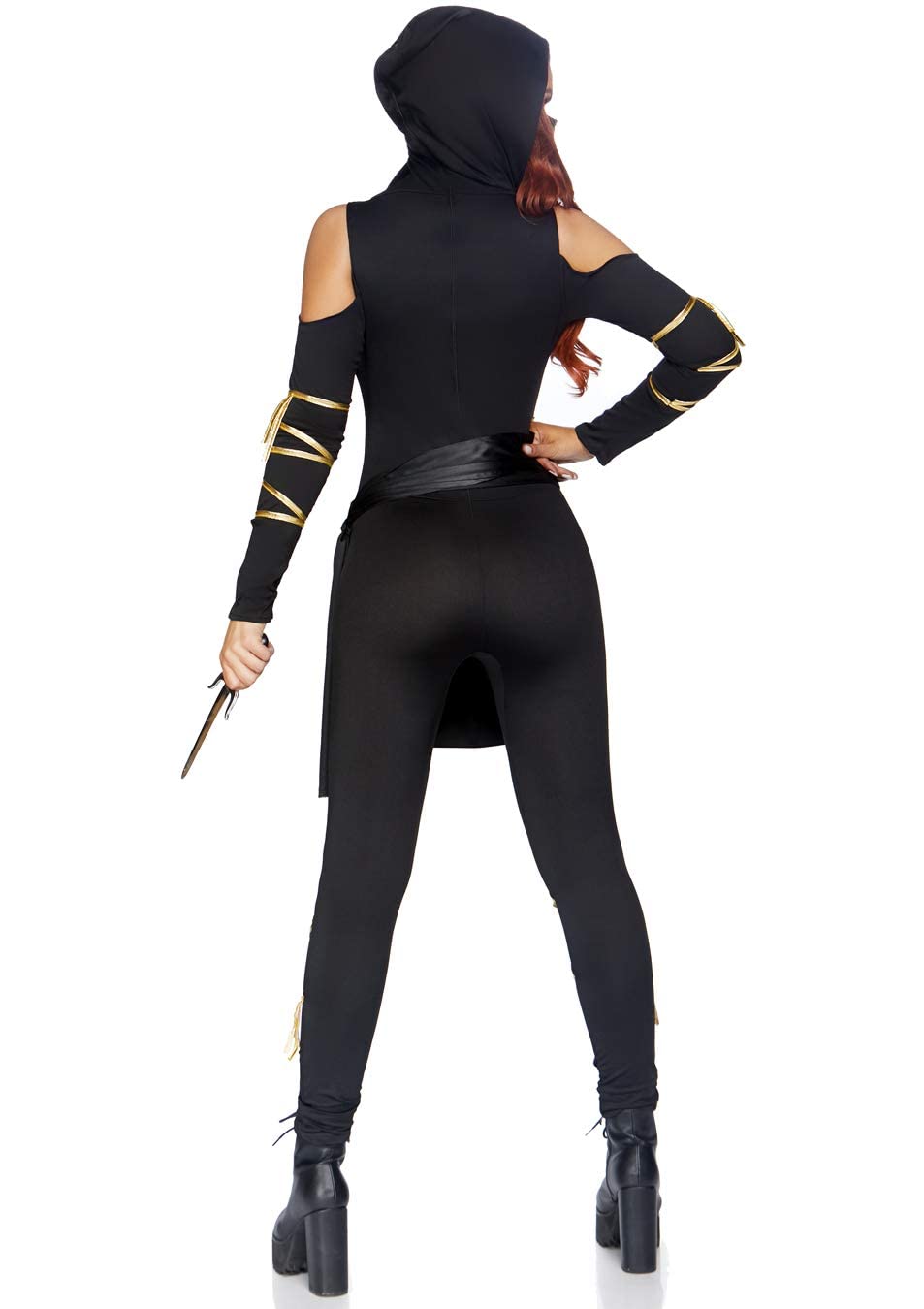 3Pc.Stealth Ninja,Hooded Catsuit,Waist Sash,And Face Mask Large Black/Gold