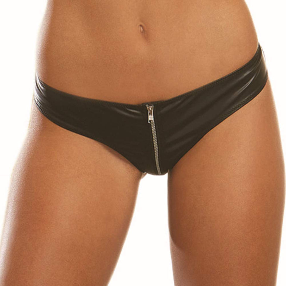 Dreamgirl Womens Leather Look And Stretch Mesh Cheeky Panty With Front Zipper Adult Exotic Briefs Underwear, Black, Medium Us