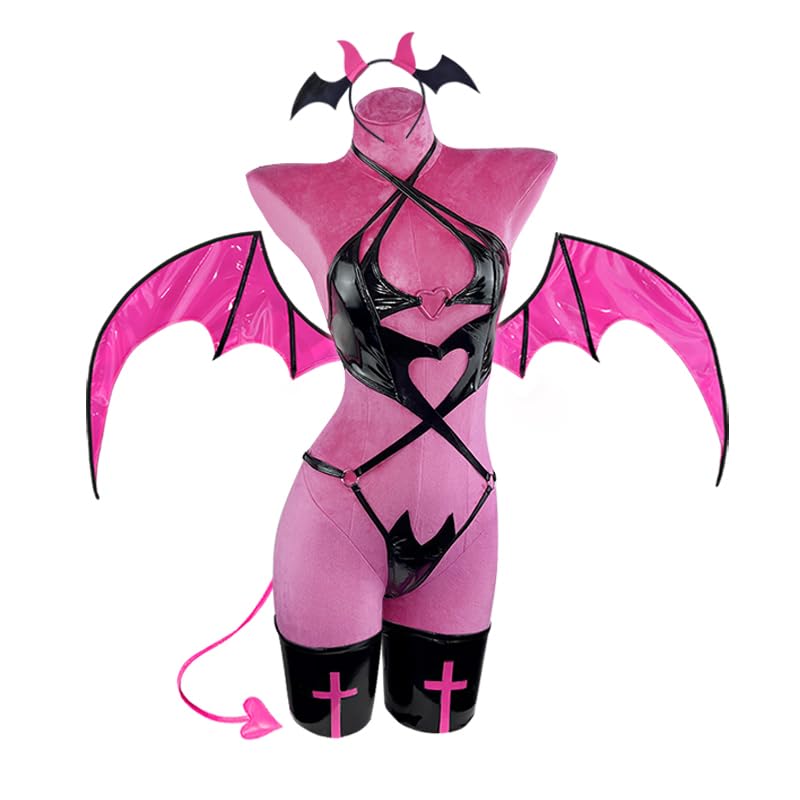 KORURACLUB Succubus costume premium pu cosplay lingerie for women wing devil lingerie (Black, X-Small)