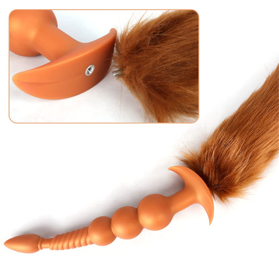 Anal Beads with Removable Foxtail Extra Long Fox Tail Anal Butt Plug Sex Toy Liquid Silicone Anal Plugs Anal Stimulator for Men