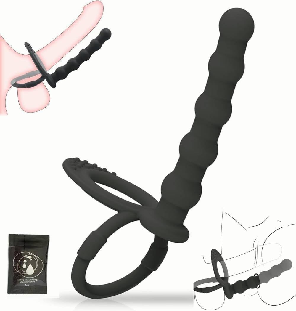 Silicone Anal Beads with Penis Ring,Silicone Anal Plug Strap On Anal Dildo,Anal Training Toys Anal Hook for Anal Play,Double Pen