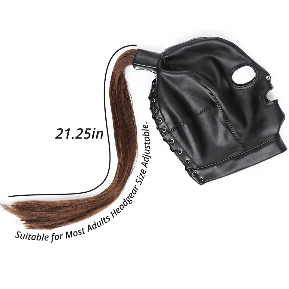 PU Leather Bondage Mask Hood SM Sex Toy with Removable Wig, Unisex Adult Eyes Mouth Open Black Restraint Headgear Mask Hood Brea