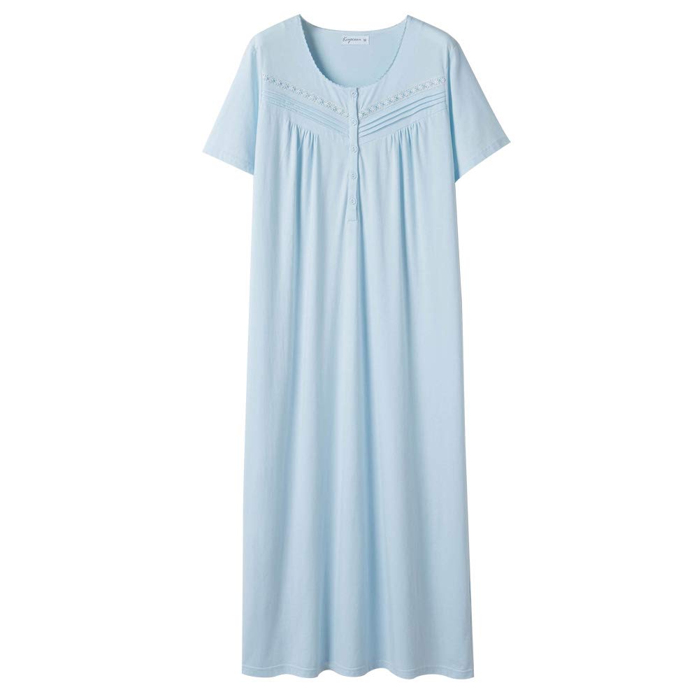 Keyocean Women Nightgowns, Soft Comfortable Lighweight Cotton Short Sleeves Ladies Nightdress, Blue, Medium