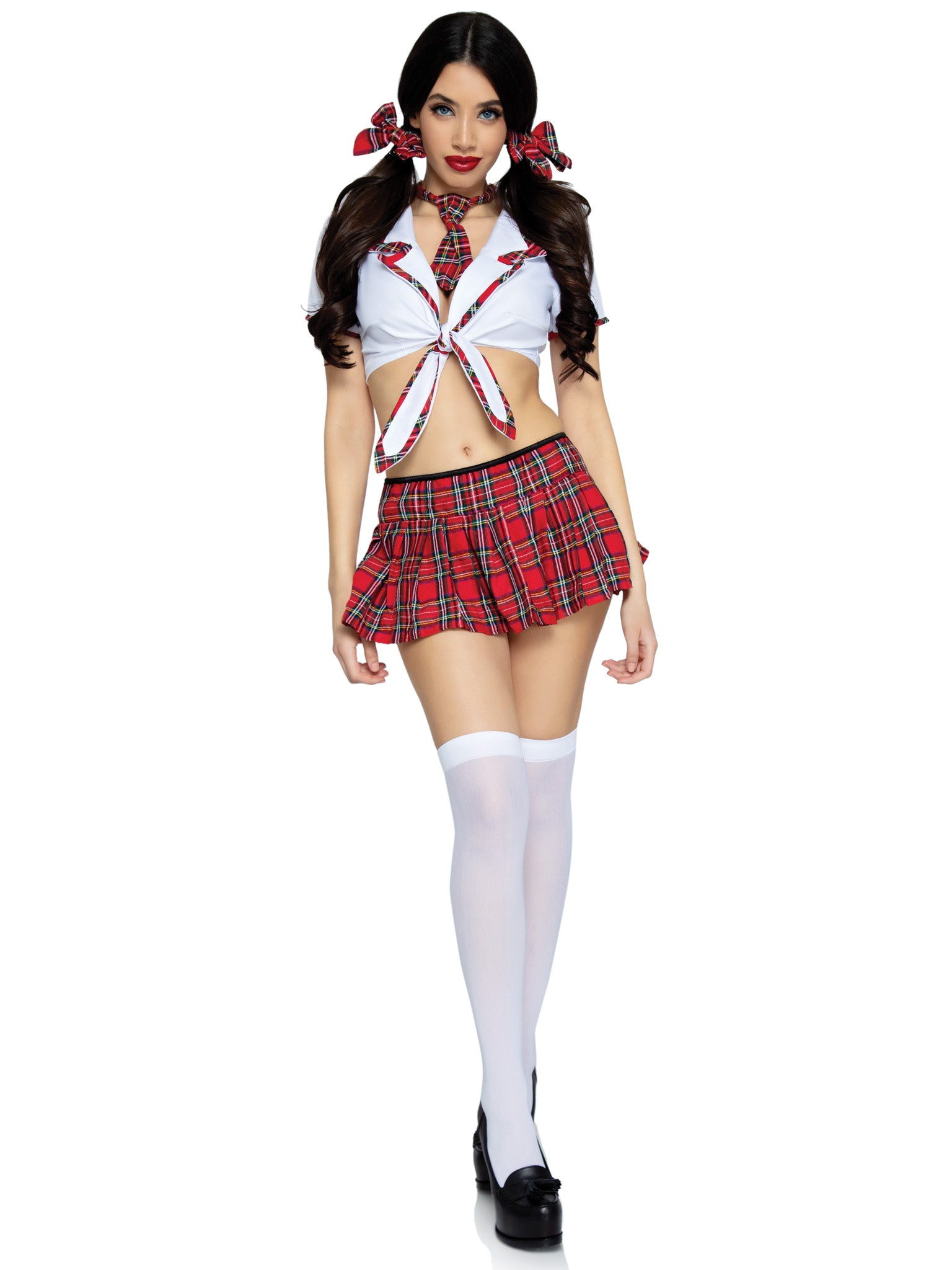 4 PC Miss Prep School, Includes Cropped Tie Top, Skirt, Tie, and Hair Bows