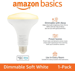 Amazon Basics Smart Br30 Led Light Bulb, Dimmable Soft White (2700K), 60W Equivalent, 800Lm, Works With Alexa Only, 2.4 Ghz Wi-F