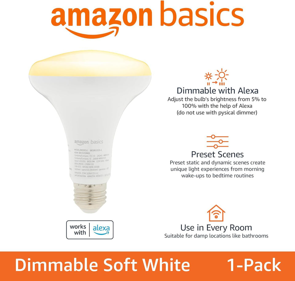 Amazon Basics Smart Br30 Led Light Bulb, Dimmable Soft White (2700K), 60W Equivalent, 800Lm, Works With Alexa Only, 2.4 Ghz Wi-F